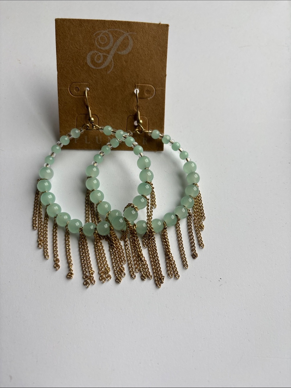 Beaded Hoop Fringe Earrings - Mint Green